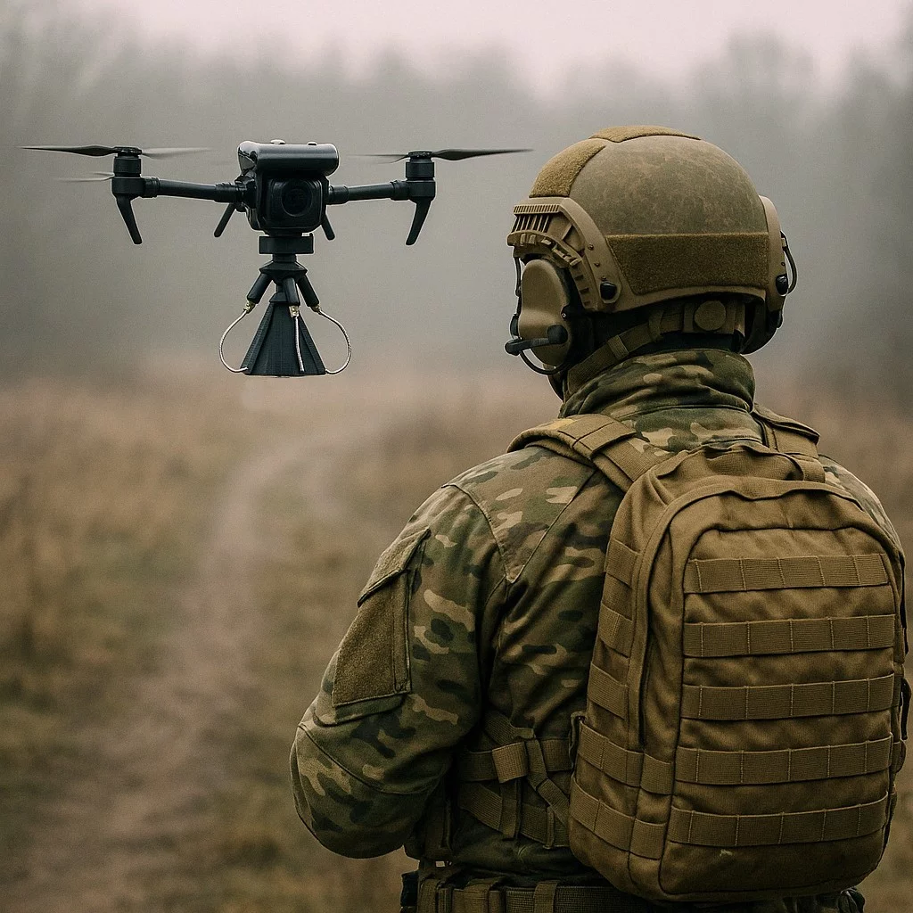 Military personnel using UAV countermeasures device Karakurt.
